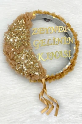 Gold Vip Aplikli Ve 3D Lazer Çiçek Süslemeli Pleksi Ledli Şeffaf Gelin Tefi 32cm, Düğün Kına Gecesi Nişan Söz Nedime Gelin Damat Bride Parti Sünnet Te