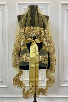 Gold Vip Gelin Duvak Seti, Papatya Güpürlü Boncuklu Pullu Incili Kına Duvağı Seti 6 Parça