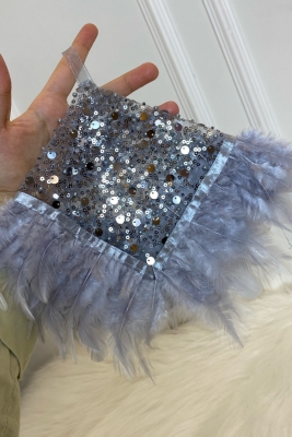 Gri Otantik Vip Gelin Mendili, Halay Mendili, Boncuk Inci Pul Ve Tüy Detaylı