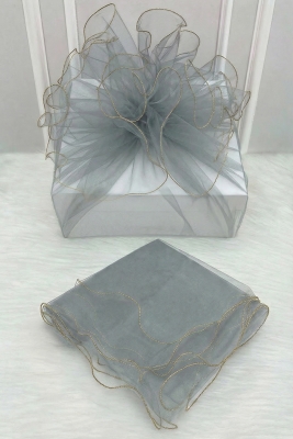 Gri Süsleme Tülü, Gold Kenar Bohça Çeyiz Gelin Damat Söz Nişan Nikah Valiz Hediye Süsü 150x150cm