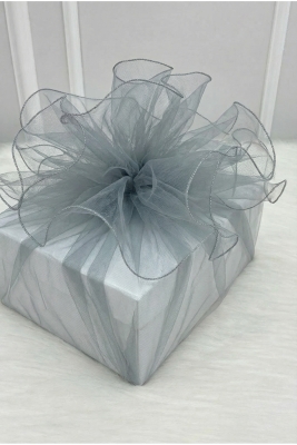 Gri Süsleme Tülü Gümüş Kenarlı, Bohça Çeyiz Gelin Damat Nişan Nikah Valiz Hediye Süsü 100x100cm