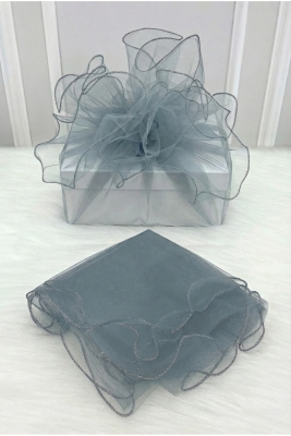 Gri Süsleme Tülü Gümüş Kenarlı, Bohça Çeyiz Gelin Damat Söz Nişan Nikah Valiz Hediye Süsü 100x100cm