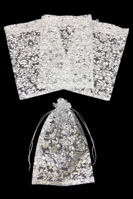 Gümüş Gül Desen Tül Kese Şeffaf, Kına Çerez Altın Takı Bohça Çeyiz Havlu Kesesi 10 Adet Ölçü 20x29cm