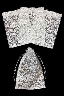 Gümüş Gül Desen Tül Kese Şeffaf, Kına Çerez Altın Takı Bohça Çeyiz Havlu Kesesi 50 Adet Ölçü 20x29cm
