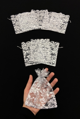 Gümüş Güllü Kına Çerez Nişan Hediye Kesesi 100 Adet Ölçü 12x15cm, Nikah Düğün Bride Mevlüt Sünnet