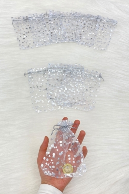 Gümüş Puantiyeli Kına Çerez Nişan Hediye Kesesi 100 Adet Ölçü 12x15cm, Nikah Düğün Mevlüt Sünnet