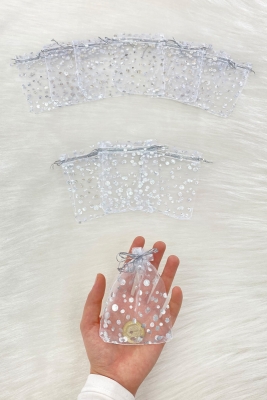 Gümüş Puantiyeli Kına Çerez Nişan Hediye Kesesi 50 Adet Ölçü 9x12cm, Nikah Düğün Doğum Mevlüt Sünnet