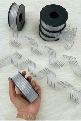 Gümüş Simli Hilton Çizgili Şifon Kurdele 2,5cm 20mt, Gelin Bohça Nişan Çeyiz Hediye Nikah Süsleme