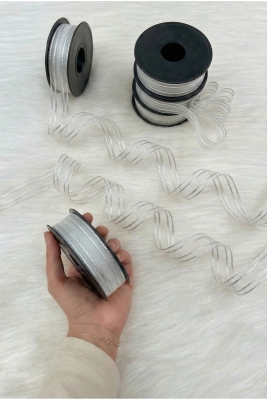 Gümüş Simli Hilton Çizgili Şifon Kurdele 2,5cm 20mt, Gelin Bohça Nişan Çeyiz Hediye Nikah Süsleme