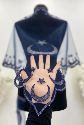 Gümüş Simli Lacivert Ayyıldız Damat Omuz Örtüsü Şalı, Kına Örtüsü, Sağdıç Asker Örtüsü