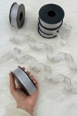 Gümüş Simli Şifon Kurdele 2,5 cm 20 mt, Gelin, Damat, Bohça, Nişan, Çeyiz, Özel Gün, Hediye, Süsleme