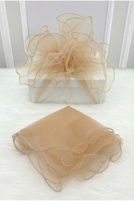 Kapiçino Süsleme Tülü Gümüş Kenarlı, Bohça Çeyiz Gelin Damat Nişan Nikah Valiz Hediye Süsü 100x100cm