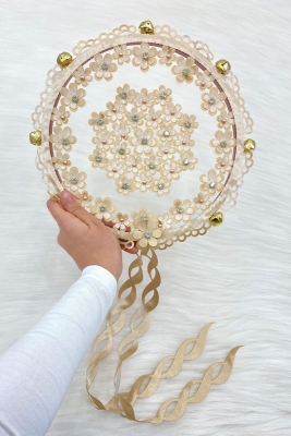 Kapuçino Çiçekli Parlak Taşlı Gelin Tefi, Düğün Kına Söz Sünnet Bekarlığa Veda Zilli 25cm, 1 Adet