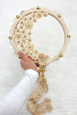 Kapuçino Çiçekli Parlak Taşlı Gelin Tefi, Düğün Kına Söz Sünnet Bekarlığa Veda Zilli 25cm, 1 Adet