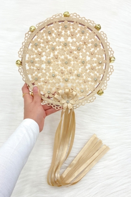 Kapuçino Çiçekli Parlak Taşlı Gelin Tefi, Düğün Kına Söz Sünnet Bekarlığa Veda Zilli 25cm, 1 Adet