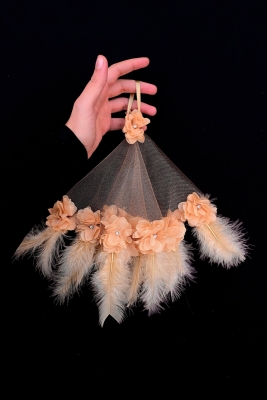 Kapuçino Gelin Damat Halay Mendili, Üç Boyutlu Çiçek Ve Tüy Süslemeli, Düğün Kına Nişan Sünnet Bride