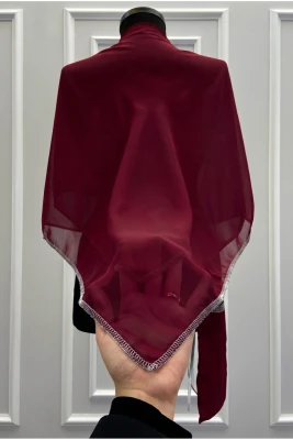 Kare Bordo Şifon Damat Omuz Örtüsü, Gümüş Sim Kenar, Sağdıç Nedime Kına Asker Şalı Duvağı