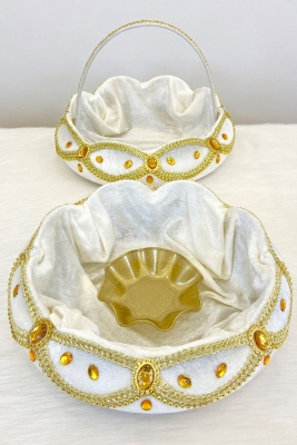 Kırık Beyaz Kadife Parlak Taş Süslemeli Kına Gecesi Tepsi Sepet Takımı, Nişan, Nikah, Düğün, Söz