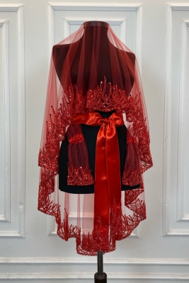 Kırmızı Alev Desen Gelin Duvak Seti, Pullu Boncuklu Su Taşlı Kına Duvağı Seti 6 Parça