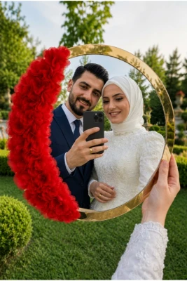 Kırmızı Aynalı Gelin Tefi 30cm, Lazer Çiçek Süslemeli, Düğün Nişan Sünnet Kına Nedime Nikah Söz Bride Parti Tefi