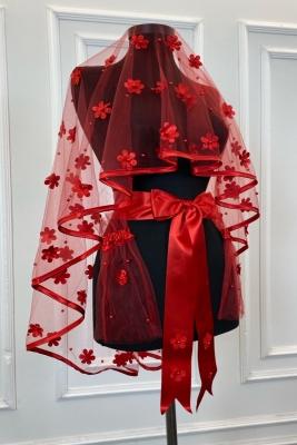 Kırmızı Biyeli Gelin Duvak Seti, Lazer Çiçek Ve Inci Detaylı, Kına Duvağı Alı Yüz Örtüsü 6 Parça