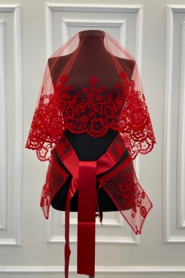 Kırmızı Çiçek Desen Flok Baskı Simli Gelin Duvak Kuşak Eldiven Set