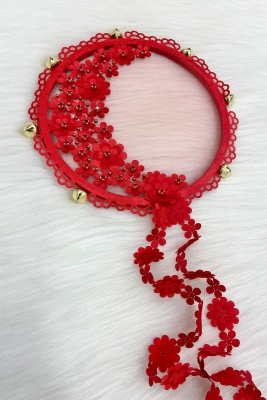 Kırmızı Çiçekli Parlak Taşlı Gelin Tefi, Düğün Kına Söz Sünnet Bekarlığa Veda Zilli 25cm, 1 Adet