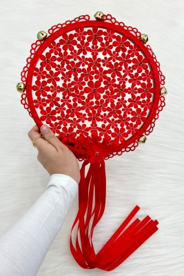 Kırmızı Çiçekli Parlak Taşlı Gelin Tefi, Düğün Kına Söz Sünnet Bekarlığa Veda Zilli 25cm, 1 Adet