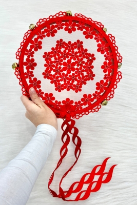 Kırmızı Çiçekli Parlak Taşlı Gelin Tefi, Düğün Kına Söz Sünnet Bekarlığa Veda Zilli 25cm, 1 Adet