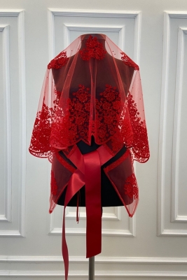 Kırmızı Çift Desenli Flok Baskı Simli Gelin Duvak Kuşak Eldiven Set