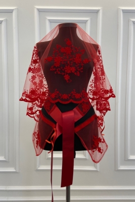 Kırmızı Dal Desenli Flok Baskı Simli Gelin Duvak Kuşak Eldiven Set