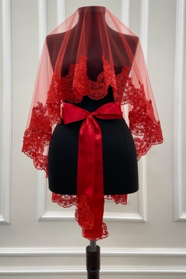 Kırmızı Dantelli Gelin Duvak Kuşak Eldiven Komple Set