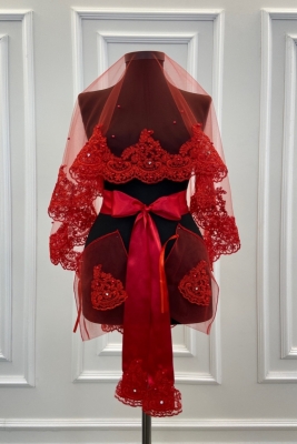 Kırmızı Dantelli Parlak Taş Ve Inci Süslemeli Gelin Duvak Seti