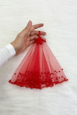 Kırmızı Gelin Damat Halay El Mendili, Kristal Boncuk Ve Incili, Düğün Kına Sünnet Nişan Söz