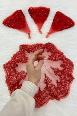 Kırmızı Gelin Damat Halay Mendili,  Işıl Işıl Güpürlü, Düğün Kına Gecesi Nedime Söz Nişan Bride