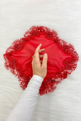 Kırmızı Gelin Damat Mendili, Halay El Mendili, Pullu Boncuklu, Düğün Kına Sünnet Söz Nişan