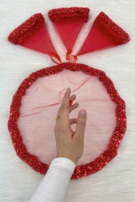 Kırmızı Gelin Damat Mendili, İnci, Pul Ve Cam Boncuk İşlemeli, Düğün Kına Sünnet Söz Nişan Halay