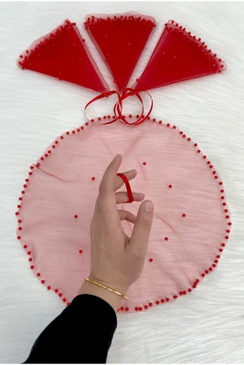 Kırmızı Gelin Damat Mendili, İnci Süslemeli, Kına Halay Düğün Nedime Sünnet Söz Nişan Bride Parti, 1 Adet