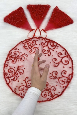 Kırmızı Gelin Damat Mendili, Kristal Cam Boncuk, Kına Halay Düğün Nedime Sünnet Söz Bride, 1 Adet