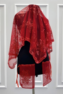 Kırmızı Gelin Damat Sağdıç Nedime Kına Gecesi Asker Omuz Örtüsü Şalı Eldivenli Pullu Çiçek Motifli