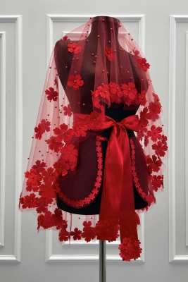 Kırmızı Gelin Duvak Seti, 3D Çiçek Ve İncili, Kına Gecesi Duvağı Yüz Örtüsü Seti 6 Parça