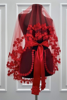 Kırmızı Gelin Duvak Seti, 3D Çiçek Ve İncili, Kına Gecesi Duvağı Yüz Örtüsü Seti 6 Parça