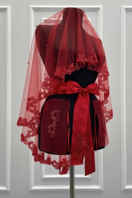 Kırmızı Gelin Duvak Seti, Cam Boncuk Ve İncili, Kına Gecesi Duvağı Yüz Örtüsü Seti 6 Parça