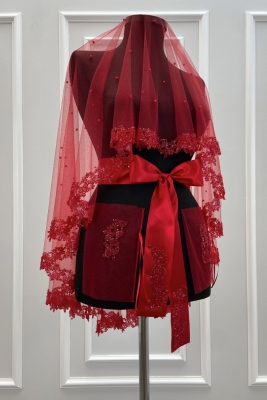 Kırmızı Gelin Duvak Seti, Cam Boncuk Ve İncili, Kına Gecesi Duvağı Yüz Örtüsü Seti 6 Parça