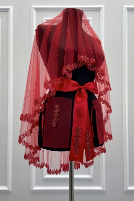 Kırmızı Gelin Duvak Seti, Cam Boncuk Ve İncili, Kına Gecesi Duvağı Yüz Örtüsü Seti 6 Parça