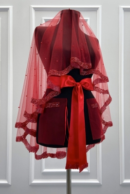 Kırmızı Gelin Duvak Seti, Cam Boncuk Ve İncili, Kına Gecesi Duvağı Yüz Örtüsü Seti 6 Parça