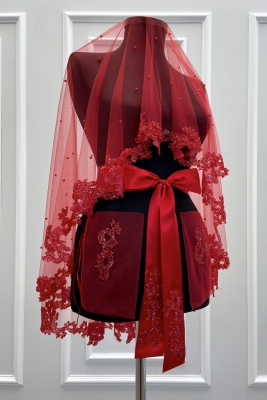 Kırmızı Gelin Duvak Seti, Cam Boncuk Ve İncili, Kına Gecesi Duvağı Yüz Örtüsü Seti 6 Parça