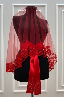 Kırmızı Gelin Duvak Seti, Cam Boncuk Ve Pul Baskılı Kına Duvağı Seti 6 Parça