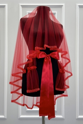 Kırmızı Gelin Duvak Seti, Cam Boncuk ve İnci İşlemeli, Kına Gecesi Duvağı Seti 6 Parça