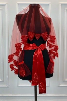 Kırmızı Gelin Duvak Seti, Cam Boncuk ve Pul Baskılı Kına Duvağı Seti 6 Parça